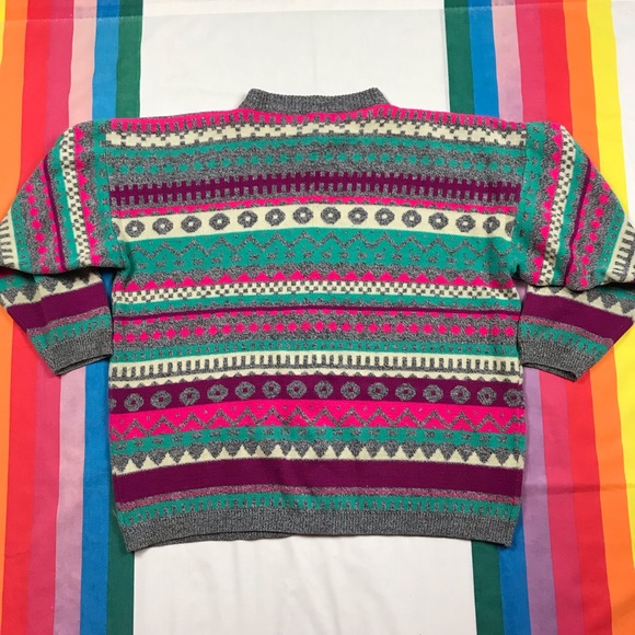 Vintage 80s Geometric Cardigan Sweater Multi Colour Long Sleeve Large - Picture 5 of 5